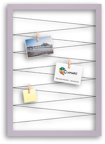 CLAMARO Bilderrahmen Collage Flex, 70 x 90 cm, Flieder, mit 20 Holzklammern | MDF-Holzrahmen vollummantelt, vorgespannte Gummileine, Echtholz-Fotoklammern, Wandaufhänger, für Fotos, Postkarten, Notizen