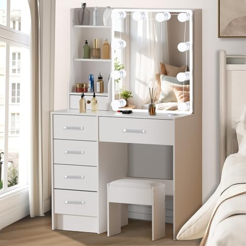 Aovquof Schminktisch mit LED-Beleuchtung Spiegel, einstellbare Helligkeit, Schminktisch mit Stuhl, Modern Frisiertisch mit 6 Schubladen und 4 Ablagen, Kosmetiktisch aus Holz, Weiß