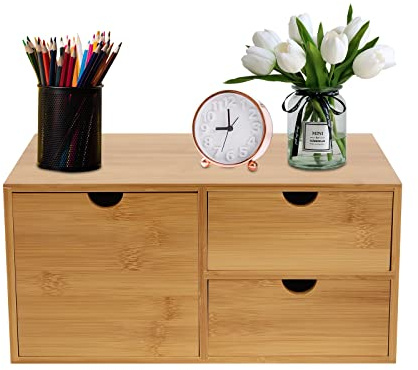 MINRS Bambus Schreibtisch-Organizer mit Schubladen Schubladenbox Bambus mini kommode einteiliges Design Regalkasten Schminkkasten mit 4 Schubladen für Lagerung, Decoupage & Dekoration