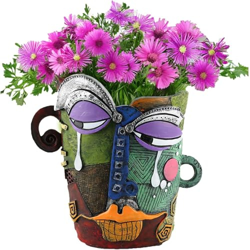 Picasso Brutalist Abstract Face Planter - Head Ornament Flower Pot Container - Colorful Art Resin (Picasso's Tearful Flowerpot)