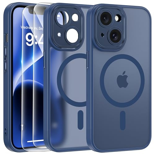 FLLAO Cover Magnetica per iPhone 14 Custodia e 2 Pellicole in Vetro Temperato, Cover iPhone 14 Compatibile con Magsafe, Traslucida Opaca Posteriore Sottile Antiurto Protettiva Case, Blu Tempesta
