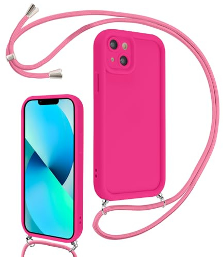Coalbooliy Cover per iPhone 13 6,1 con Cordino per Cellulare, Custodia Silicone con Regolabile Collana Sottile Morbida Case Protezione della fotocamera Antiurto con Necklace, Rosa Rossa