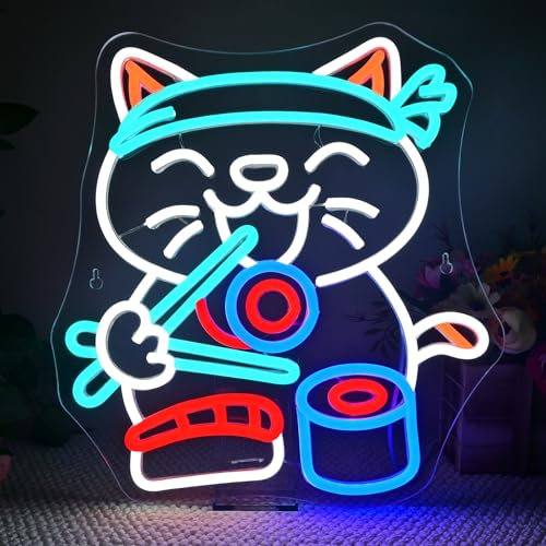 LUCUNSTAR Sushi Cat Neon Schild,Dimmbares Japanisches LED Schild,Leuchtschilder an der Wand,Light Signs für die Dekoration von Ladenschildern,Küche, Esszimmer, Hausbar,Wandkunst,Geschenke