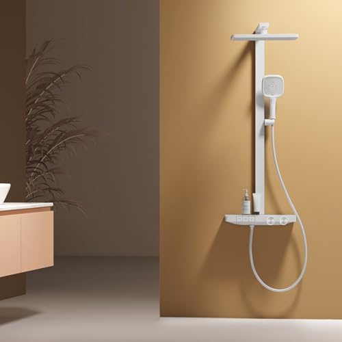 EMKE Thermostatische Duschsäule, großer Duschkopf von 360 mm, verstellbare Hubstange, 4 Handbrausefunktionen, Wasserdurchflusseinstellung, 402 x 573 x 1050 mm, Mattweiß