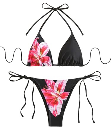 SEGT Women's 2 Piece Floral Print Halter Neck Tie Bikini Set Triangle String Thong Swimsuit Summer Bathing Suits for Women Black M