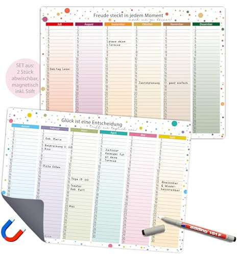 TOBJA Magnetischer Immerwährender Kalender (2x A4) - Geburtstagskalender A4, 6 Monate je Kalender | Abwischbar & Wiederverwendbar, Dots-Design Jahresunabhängig (Dots magnetisch inkl. Stift)