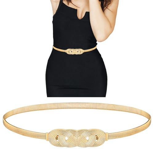 Piriuuo Damen Dünner Metallgürtel, Elastischer Glitzergürtel Goldener Gürtel Verstellbarer Metall Taillengürtel Vielseitiger goldener Taillengürtel Elastische Dünne Taille für Abendkleid Kleid Frauen