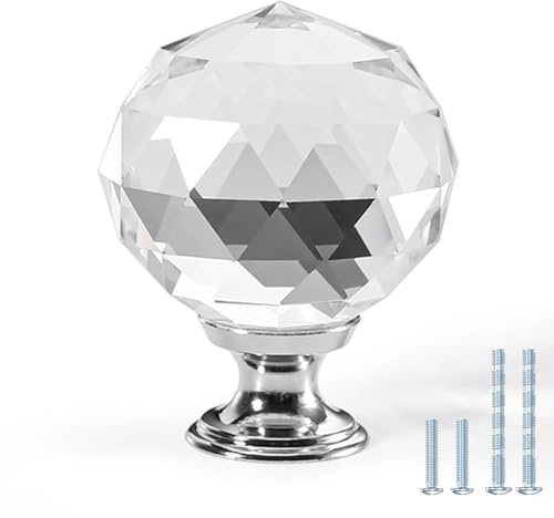 ELEBUILD 15 Stück Kristall Möbelknöpfe Klar 30mm Diamant-Design für Schrank | Luxuriöser Schrankgriffe Glas, Moderne Silber Basis, für Küchenschränke Schubladen Kleiderschränke Kommoden Badmöbel
