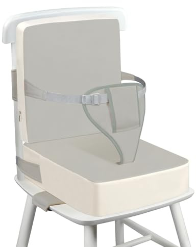 Wooshwa Kids Booster Seat for Dining Chair, Backrest, 10cm PU Waterproof | Kids Booster Seat, Non-Slip Bottom and Adjustable Safety Belt, 2 pcs Easy Cleaning Booster Cushion, Light Grey