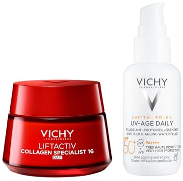 Vichy Collagen Specialist Crème de 16 jours et SPF 50+ anti-âge – Cible les rides et les taches sombres – Avec vitamine C et peptides – 50 ml + SPF 40 ml