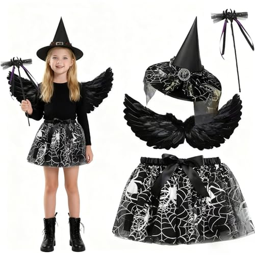 WZBBJuser Deguisement Halloween Fille, Deguisement Sorciere Fille, Comprend Jupe en Tulle, Plumes Wings, Chapeau de Sorcière et Baguette Magique pour Halloween, Carnaval, Cosplay, Rave Parties