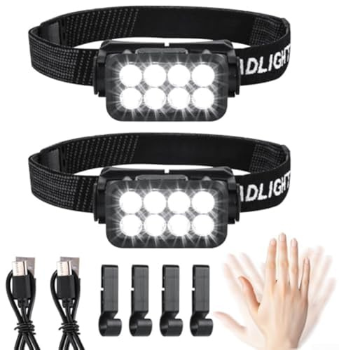 RemixAst Lot de 2 lampes frontales LED rechargeables avec capteur d'ondes manuelles, 5 modes d'éclairage, y compris flash et SOS, bandeau réglable et confortable, port de charge de type C, léger et