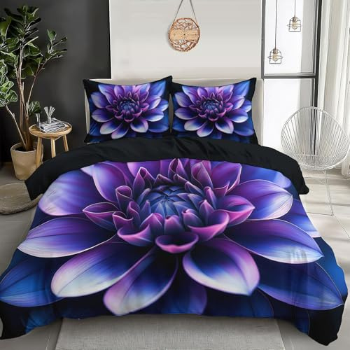 Juego De Ropa De Cama Azul Púrpura Dalia Brillante,220X240Cm Efecto 3D Impresión Diseño,Dormitorio Microfibra De Plantas De Textura,con Estampado,Funda Nórdica con Cremallera