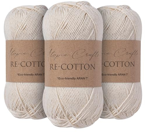 Utopia Crafts Re-Cotton Knitting Yarn, 3x 100g (Cream)