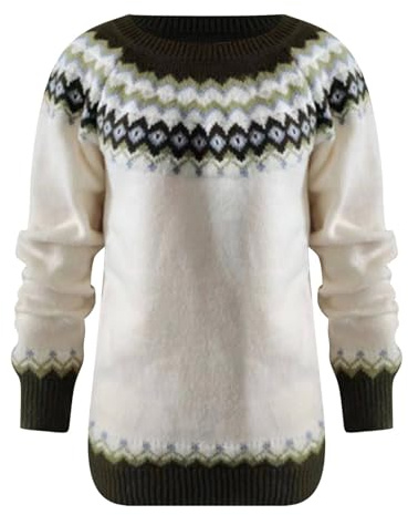 Ladies Jumpers Long Sleeve Crewneck Autumn Sweaters Women Fairisle Norwegian Fairisle Print Knitted Sweaters Retro Casual Loose Cropped Jumpers Winter Basic Fairisle Jumper Women Mintgreen