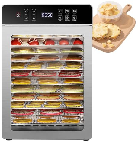 Essiccatore Alimentare Digitale Con Preimpostazioni Intelligenti - 6 Programmi Per Carne, Frutta, Fiori, Verdura, Cambio, Luce - Tecnologia Di Circolazione Dell'Aria Calda A 360°, Timer 24 12Tray