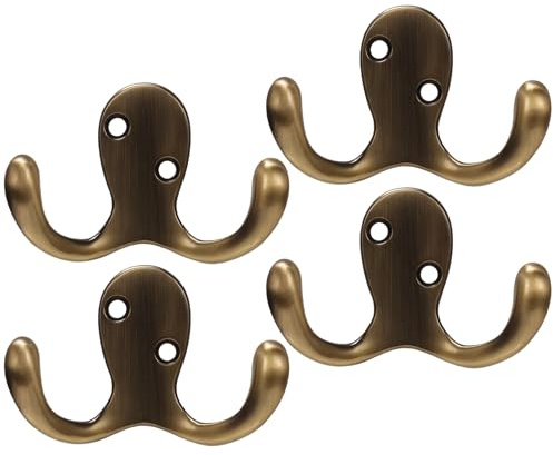 DXPETA Brass Hooks, Antique Brass Coat Hooks for Door and Wall, Set of 4 Heavy Duty Metal Hooks with 8 Screws, Space Saving Gold Coat Hooks for Bathroom Bedroom Office
