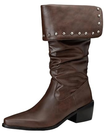 Lizoleor Classique Ankle Cuff Bloc Pointu Femme Bottes Cowboy Pleated A Enfiler Splicing Mode Bottes Slouch Marrón Taille 32 EU