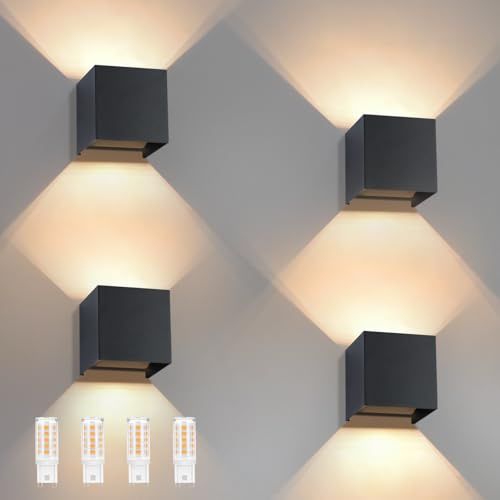 Laittiin LED Wandleuchte Aussen Wandlampe 4ER Außenwandleuchte Schwarz | Wasserdicht Aussenlampe Up Down Wandleuchten Innen mit Austauschbarer G9 Flurlampe für Wohnzimmer Hauswand Treppenhaus