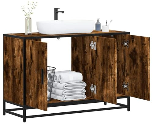 Mobile Lavabo in Legno Rovere Affumicato con Struttura in Metallo, Mobile Bagno Salvaspazio Stile Industriale con Ampio Spazio di Archiviazione, Mobiletto Sotto Lavabo Bagno Moderno, 90x33x60 cm