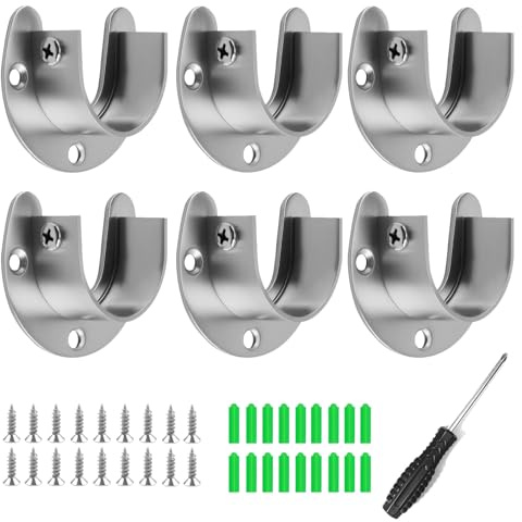 6 Stück Rundrohr Halterung for Schrankrohr Stange, U-Form Gardinenstange Halter, Flansch Stangenhalter, Edelstahl Kleiderstangen Halterung, Rundrohr Halterung mit Schrauben und Schraubendreher (25mm)