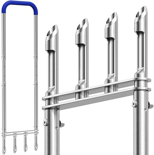 Knee-Friendly Manual Lawn Aerator Tool –Adjustable SUS304 Stainless Steel Core Aerator for Grass, Yard Aeration Tool with 4 Hollow Tines for Lawn Care and Compacted Soil,43.3-48.5,Silver
