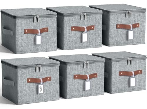 Fiwochic 6 Pack 15 Inch Fabric Closet Storage Bins with Lids, 15x10x10In Large Foldable Cotton Linen Storage Cubes Boxes with PU Handle & Label Holder for Bedroom Organization, Shelf, Nursery, Gray