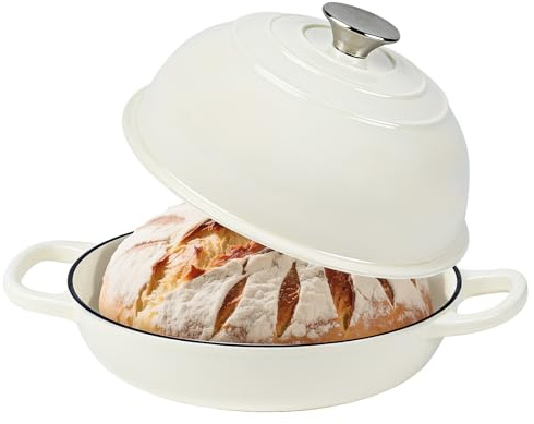Horno holandés para hornear pan, horno holandés de hierro fundido esmaltado, olla de pan con tapa de cúpula, apto para horno hasta 260.0 °C, 6 cuartos de galón (blanco)