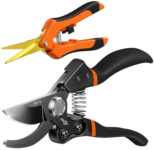 Decerk® 2 Pack Pruning Shears Set, 8.5 Bypass Hand Pruner & 6.5 Precision Snips with Sharp SK5 Steel Blades, Garden Clippers Scissors for Fresh Branch Plant Flower Bonsai