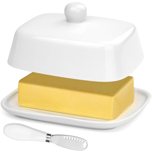 AYESY Butterdose Keramik, rechteckige Porzellan Butterglocke Butterschale mit Deckel und Griff für 250gr Butter, Butterbehälter, Butterschatz, Butterglas, Butterbox Spülmaschinengeeignet (Weiß)