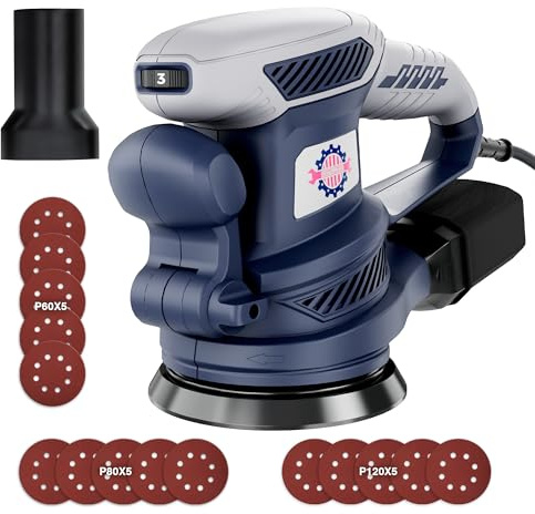 TurboVolt Random Orbital Sander with Brake, 450W 13000 OPM Electric Sander with Dust Collection, 6 Variable Speeds, 15pcs Sandpapers, 125MM Hand Sanders for Woodworking, Sanding, Polishing, DIY