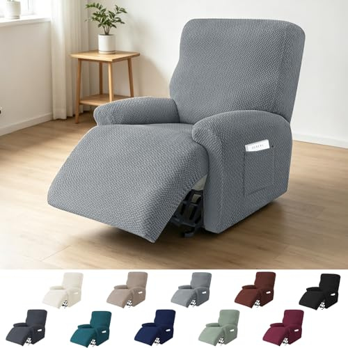 BOFITENG Housse Fauteuil Relax 1 Place, 4 Pièces Housses de Fauteuils Extensible, Housse pour Fauteuil Relax Électrique, Protège Fauteuil avec Protège-Accoudoirs et Poches (Gris Clair)