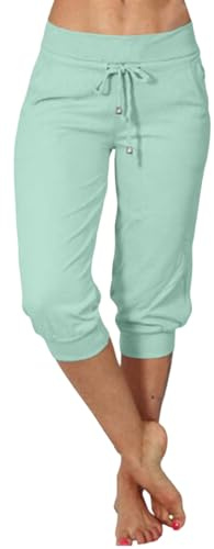 Generiska joggingbyxor bomull dam hög midja, yogabyxor dam 3/4 sommar, med fickor lätta sportbyxor löparbyxor slim fit fritidsbyxor bekväm träningsoverall byxor med dragsko för gym yoga sport
