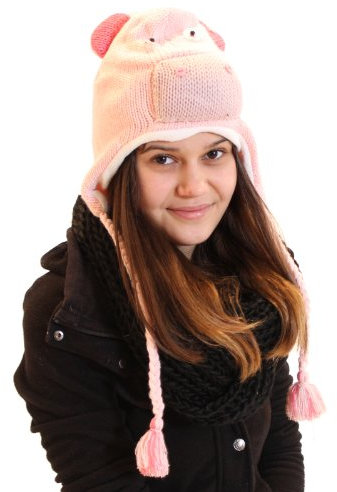 BRUBAKER Stickad mössa för kvinnor, flickor, unisex, djurmössa, stickad mössa med långa tofsar och öron, Gris, one size