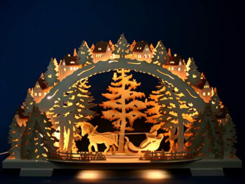 3D Schwibbogen 72cm Exclusiv schattiert - Weihnachtsmann mit Pferd geschnitzt - Handarbeit Erzgebirge
