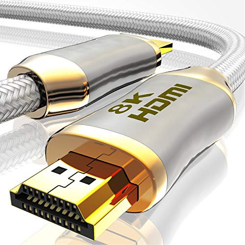 BHW HDMI Kabel 2.1 Glasfaser - 8K 120Hz – 4k 240Hz HDR10+ 3D eARC CEC HDCP 2.3 Optisches Ultra High Speed vergoldete Kontakte Glasfaserkabel mit Zinklegierung Stecker Knickschutz, Schwarz (weiß, 2M)