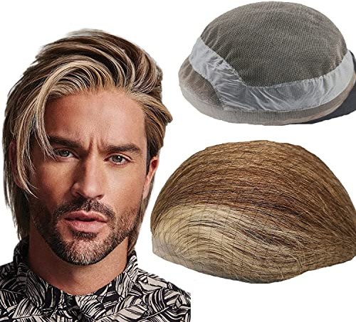 N.L.W. Parrucchino da uomo PU Front Pizzo Toupee Pezzi dei Capelli Umani europei per gli protesi capelli uomo 8×10 pollici sottile 0.06 cm Uomo Parrucca Sistema parrucchino Sostituzione in oro