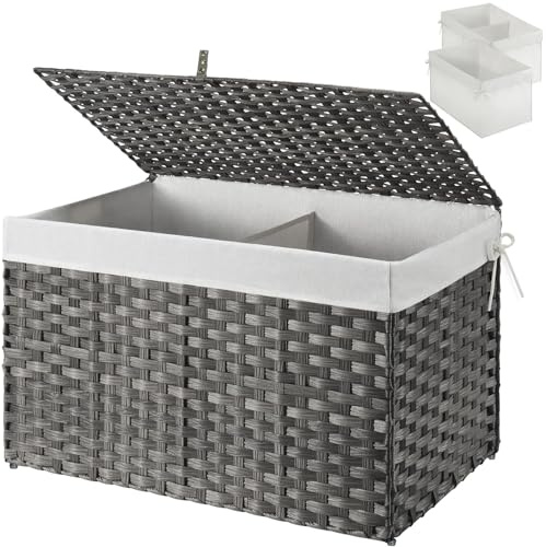 GREENSTELL Storage Basket with Lid, 27.7 Gallon(105L) Lagre Wicker Blanket Storage Basket with Handles, Foldable, 2 Removable Liner Bags, Metal Frame, for Bedroom, Laundry Room, Grey,25.6*15.7*15.7