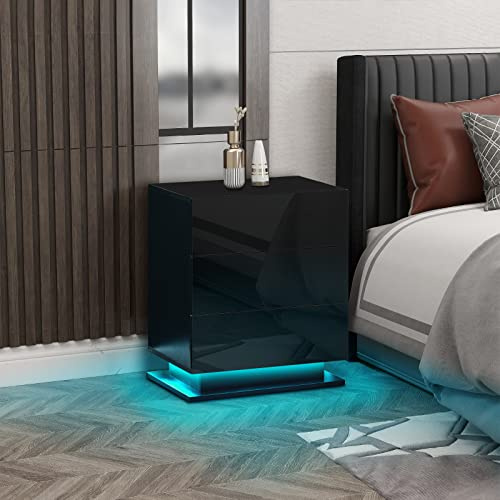 CLIPOP LED Nachttisch, Hochglanzfront 3 Schubladen mit 16 RGB-LED-Leuchten Holz Nachttisch für Schlafzimmer Wohnzimmer oder Büro (Schwarz)