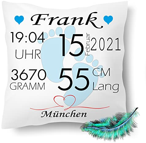 Personalisierbares Kissen zur Geburt für Jungen und Mädchen Babyfüße, Geburtskissen mit Namen, Geschenk, bedrucktes Kissen | Dekokissen, Taufe | Kuschelkissen 40X40 (mit Kissenfüllung, Jungen)