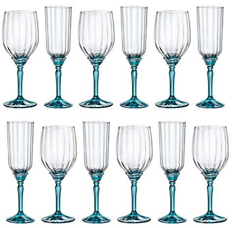 Bormioli Rocco 12pc Blue Florian Stemware Set - Large Glass Red White Rose Long Stem Cocktail Party Drinking Goblet Gift Set