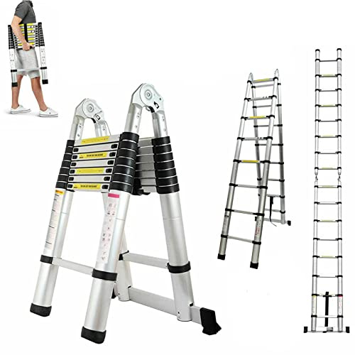Scala telescopica pieghevole in acciaio inox, 1,9 m + 1,9 m, 6 + 6 pioli, facile da trasportare, portata 150 kg