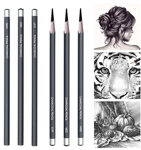 Kohle Set, Zeichenkohle, Kohlestiften, Kohlestifte für Skizzen, Kohlestifte Set, Professionelle Skizzierstifte, Künstlerbleistiften, Kohlestifte Zum Zeichnen, 6 Stück Skizzenstifte, Weich/Mittel/Hart