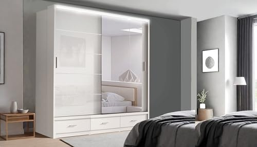 RAC3 Wardrobe for Bedroom with Mirrored Sliding Door & LED Light Premium Wardrobe Storage with Sleek Design High Gloss comes in Colours Black/White/Grey & Sizes 205cm / 256cm (White, 205cm)