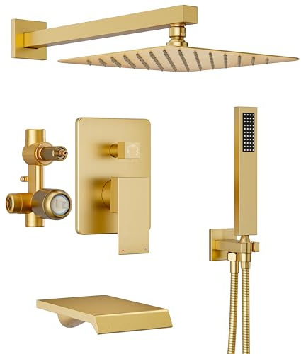 HomGoo Gold Shower System with Tub Spout, All Metal Tub Shower Faucet Set with 10“ Rain Shower Head and Handheld Spray combo, Wall Mounted Tub Shower System with valve and Trim kit,Brushed Gold