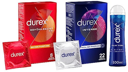 Durex Ausprobier-Set mit Gefühlsecht Extra Groß Kondome 8 Stück & Play Feel Gleitgel 100ml & Intense Orgasmic Kondome 22 Stück
