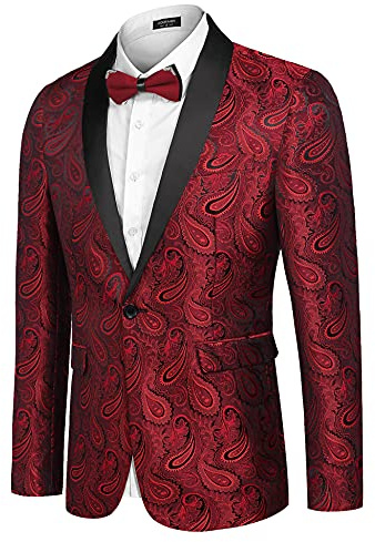 COOFANDY Blazer casual para hombre, chaquetas Paisley, traje retro, jacquard con estampado floral, de un botón, abrigos elegantes, chaqueta de esmoquin elegante para cena, A rojo, S