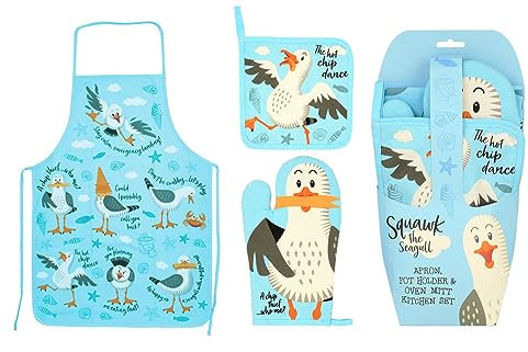Elgate Squawk The Seagull 3 Piece Oven Mitt Gloves Pot Holder & Apron Kitchen Set For Cooking and Baking 100% Cotton Gift Souvenir Funny Novelty