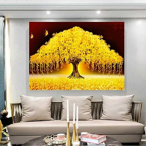 ZHMANLUCK Bilder auf Leinwand, modernes goldenes Geldbaum-Bild, Gemälde, Wanddekoration, 80 x 100 cm (31 x 39 Zoll) mit goldenem Rahmen