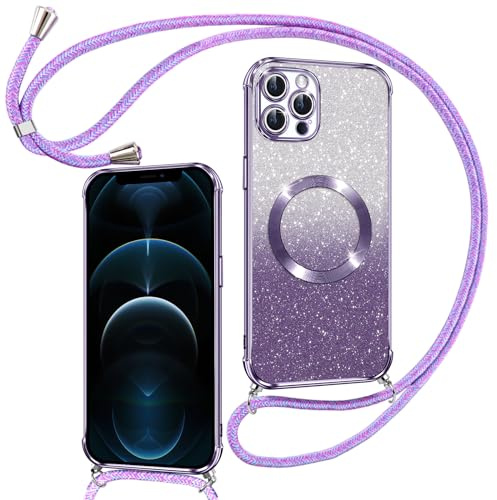 Phoona Hülle für iPhone 12 Pro Max mit Band, Lila | [Kompatibel mit MagSafe] Luxuriöse Glitzer Beschichtung Magnetische Handyhülle zum Umhängen Kordel Silikon Stoßfest